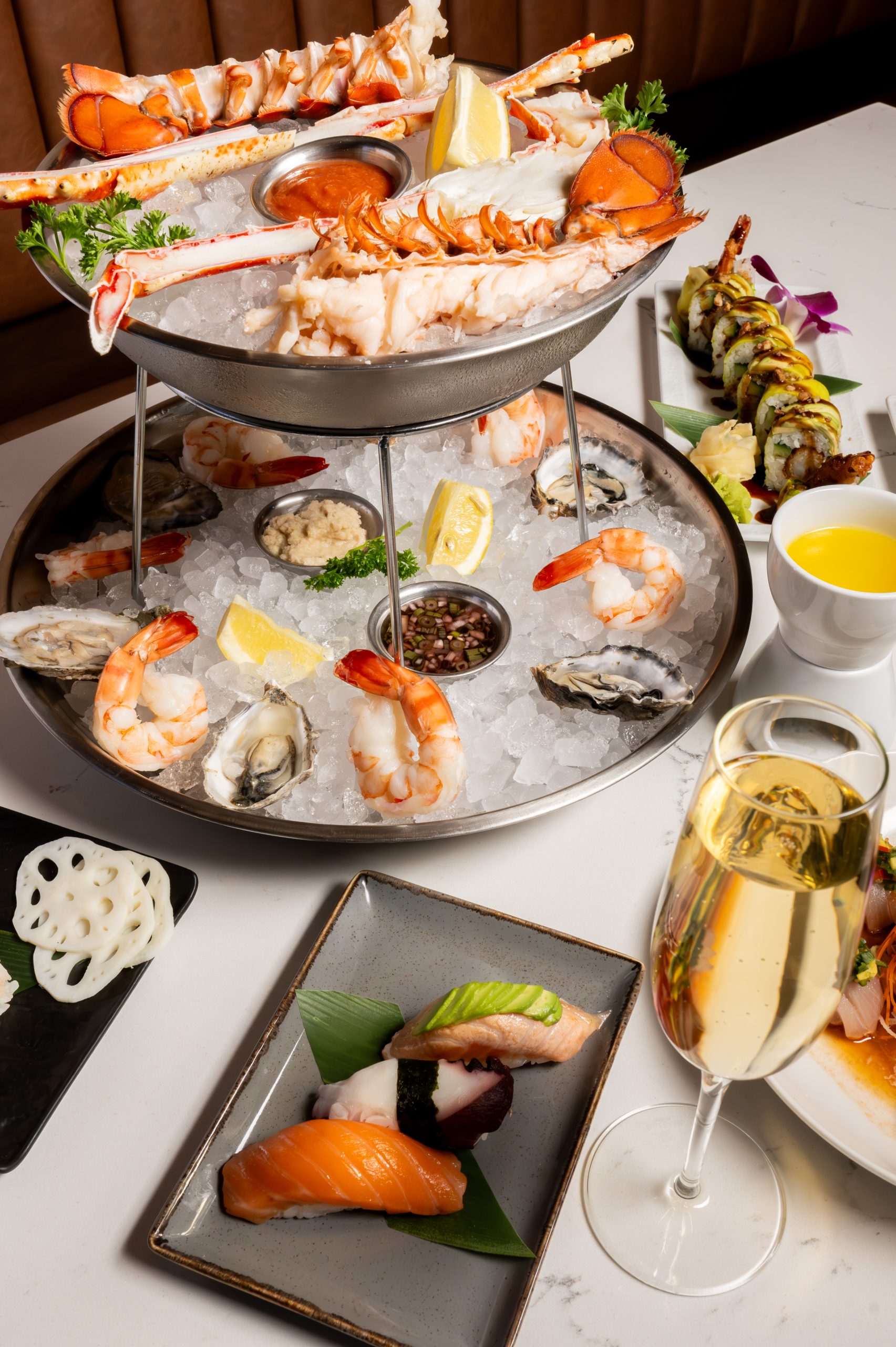 Seafood tower and sushi Dine in style at a sushi and steak restaurant near me offering coastal flavors and local ingredients.